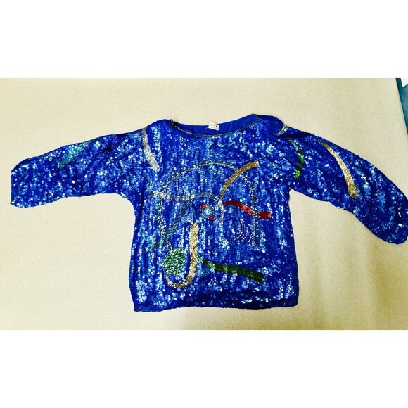 VTG JUDITH ANN Creations Blue Multicolor Sequin Beaded Silk Jacket L Glam Evenin - Picture 1 of 10